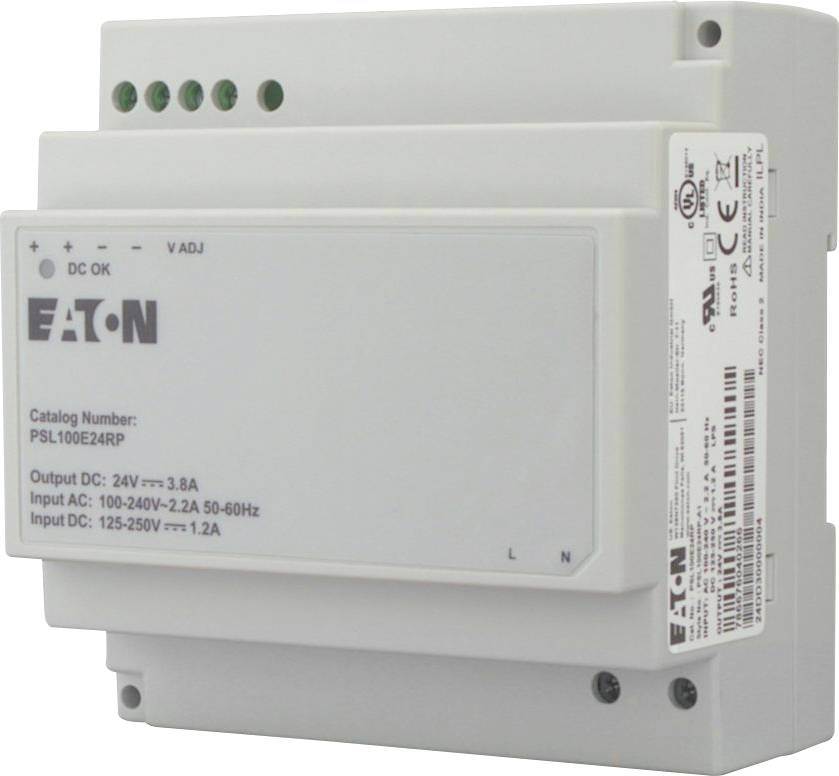 Industrielles Netzteil für DIN-Schienenmontage mit 'Eaton' Branding; beschriftete Eingänge: 100-240V AC, 24V Ausgang und weitere Spezifikationen.