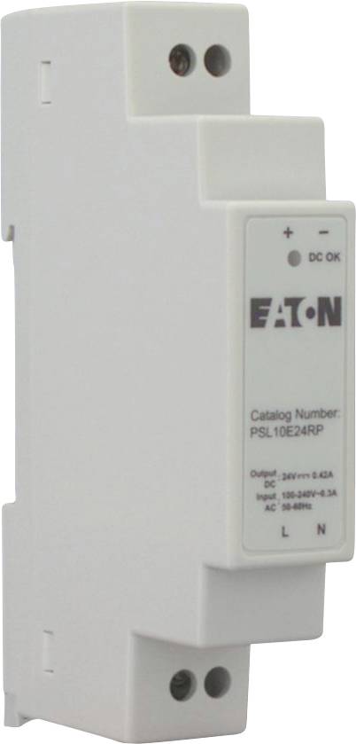 Eine weiße Eaton Netzteileinheit mit Katalognummer PSL10E24RP, die Anschlüsse für Ein- und Ausgang zeigt und mit Spezifikationen beschriftet ist.