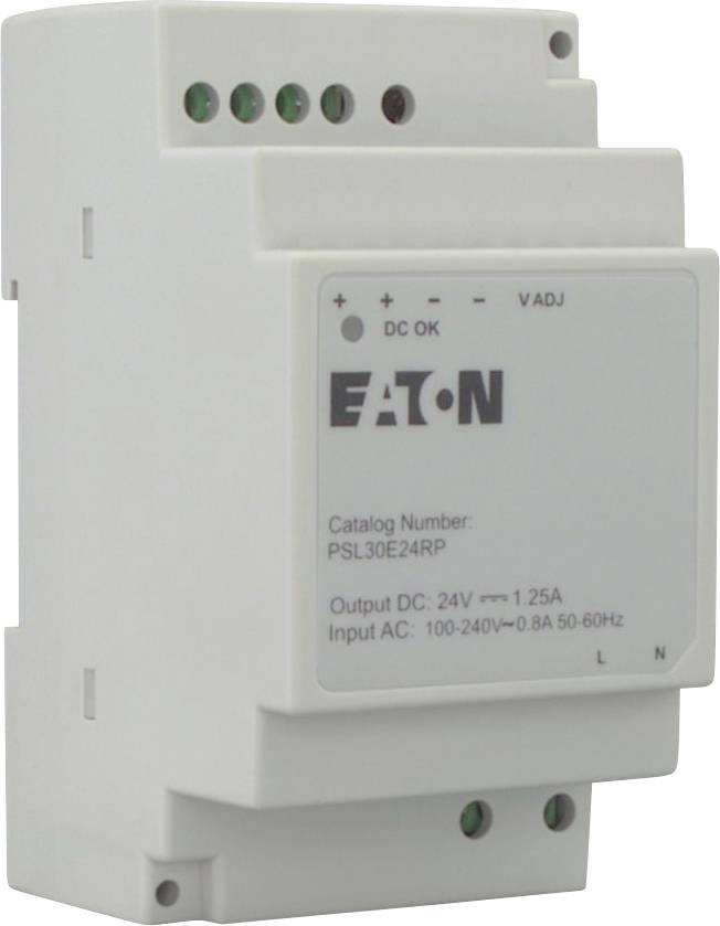 EATON Netzteil mit Katalognummer PSL30E24RP. Ausgang: 24V DC bei 1,25A. Eingang: 100-240V AC, 0,8A, 50-60Hz.