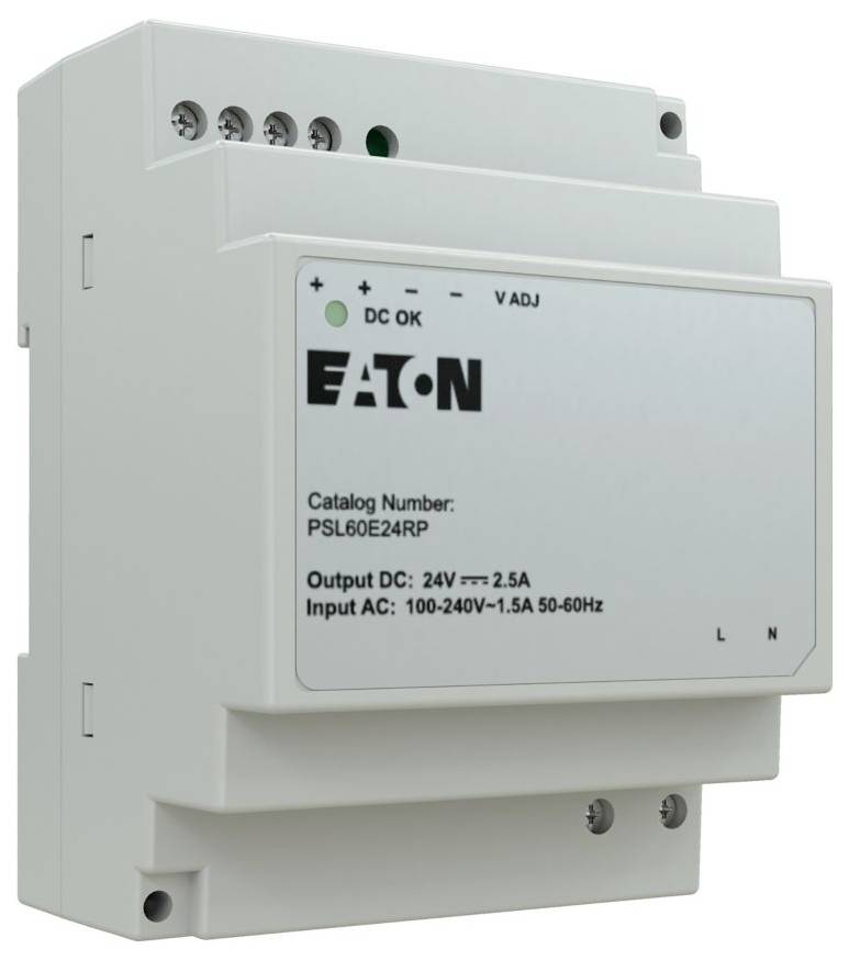 Eaton Netzteil, Modell PSL60E24RP, mit angegebener Eingangsspannung AC 100-240V, 1,5A, 50-60Hz; Ausgang DC 24V, 2,5A, mit Bedienungstasten auf der Oberseite.