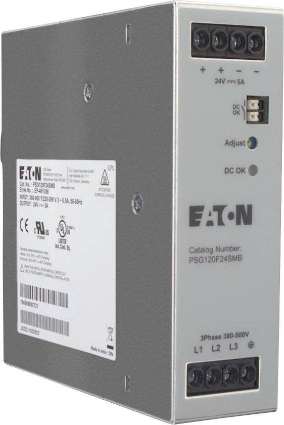 Eaton-Netzteil, Modell PSG120F24SMB, mit sichtbaren Beschriftungen und Anschlüssen. Eingangsspannung: 380-500V, Ausgangsspannung: 24V/5A.