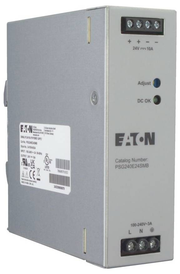 EATON Netzteil, Modell PSG240E24SMB, mit Eingangsspannung 100-240V und Ausgangsspannung 24V-10A, mit Anzeigen für Einstellung und DC OK.