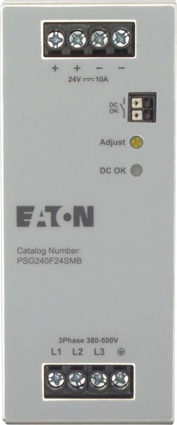 Eaton Netzteilgerät mit Eingangsklemmen für 3-Phasen 380-500V, Ausgang 24V, 10A. Merkmale umfassen 'Einstellen' und 'Gleichstrom OK' Anzeigen.
