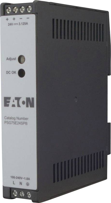 Ein Netzteil mit der Bezeichnung 'EATON', mit einstellbaren Einstellungen, Modell PSG75E24SPB. Eingangsspannung: 100-240V, 1,8A, Ausgangsspannung: 24V, 3,125A.