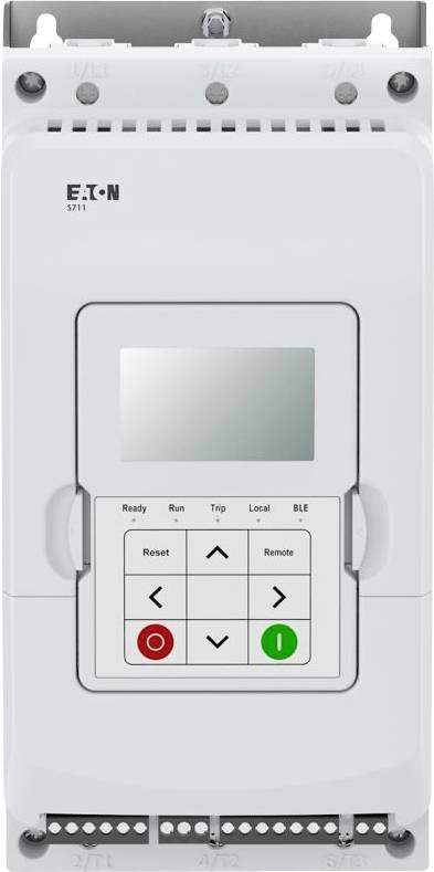 Eine Nahaufnahme eines Eaton-Geräts mit einem Displaybildschirm, Bedienungstasten und Anzeigen mit den Beschriftungen „Bereit