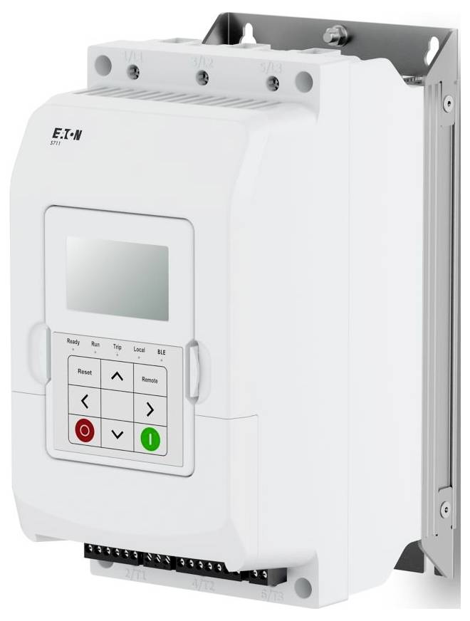 Ein weißes elektrisches Steuergerät mit Tasten und Anzeigebildschirm. Die Frontplatte verfügt über Bedienelemente für ‚Zurücksetzen', ‚Start', ‚Stopp' sowie Statusanzeigen.