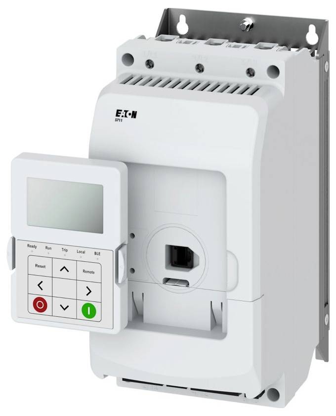Ein weißes elektronisches Gerät mit Bildschirm und Steuerungstasten zur Stromverwaltung.