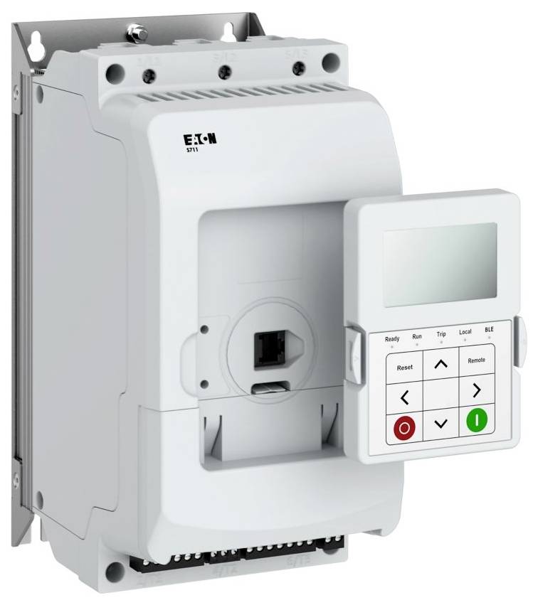 Elektronische Steuereinheit der Marke 'Eaton' in grauer Farbe mit digitaler Anzeige und Tastatur, versehen mit verschiedenen Tasten, darunter grüne und rote Knöpfe.