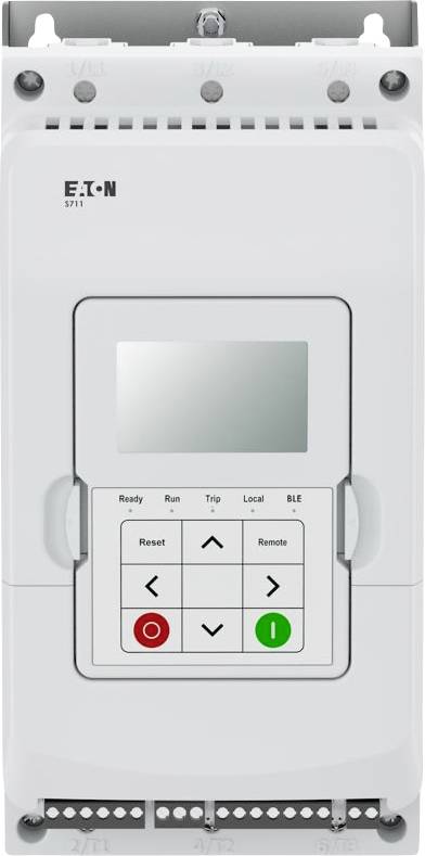 Ein weißes Elektroschaltpanel mit einem digitalen Bildschirm und Bedienungstasten, einschließlich Pfeiltasten, 'Reset' und 'Fernbedienung'. Die Marke 'Eaton' ist sichtbar.