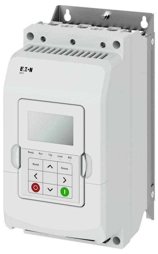 Ein weißes Eaton-Elektrosteuergerät mit Tasten und einem kleinen Bildschirm, das an einer Metallhalterung für industrielle Anwendungen montiert ist.