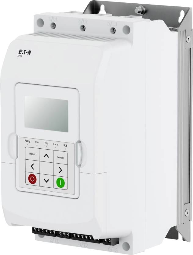 Ein weißes elektronisches Steuergerät mit digitalem Display und Steuerungstasten, mit der Aufschrift 'Eaton', das zur Steuerung elektrischer Systeme verwendet wird.