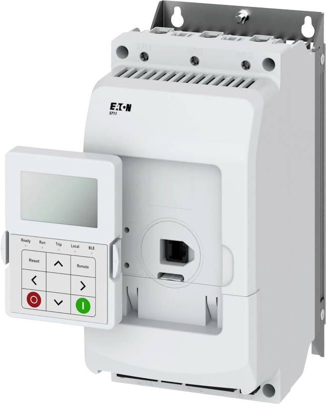 Eaton Motorstarter mit elektronischer Steuerung und digitalem Bedienfeld, ausgestattet mit Tasten und Display zur Steuerung und Überwachung des Motorbetriebs.