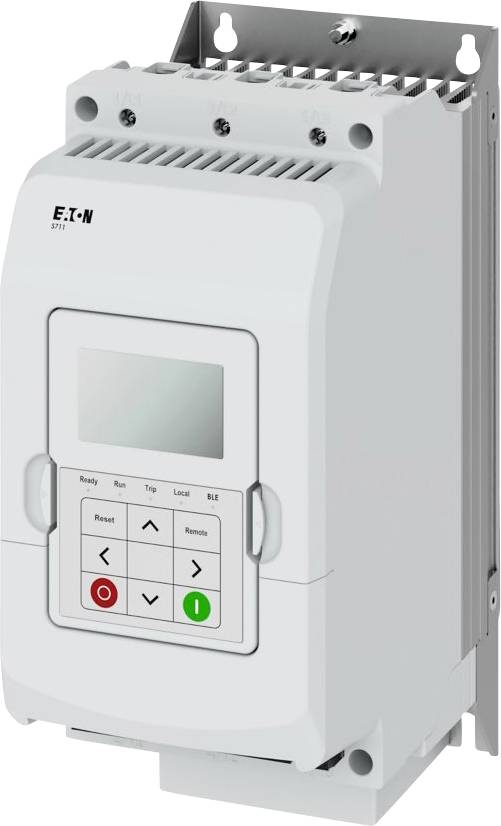 Elektronisches Gerät von 'Eaton' mit kastenförmiger Gestalt, Frontplatte mit Bildschirm und Tasten zur Steuerung von Einstellungen, auf einer Metallhalterung montiert.