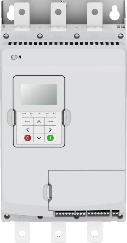 Industrielle elektrische Vorrichtung mit Display und Steuerungstasten, die drei obere Anschlüsse und einen unteren Anschluss zeigt, wahrscheinlich zur Leistungssteuerung verwendet.