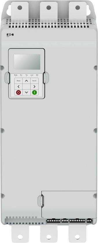 Rechteckiges industrielles Bedienfeld mit digitaler Anzeige, Navigationsschaltflächen und Unternehmenslogo, verwendet zur Steuerung von Maschinensystemen.
