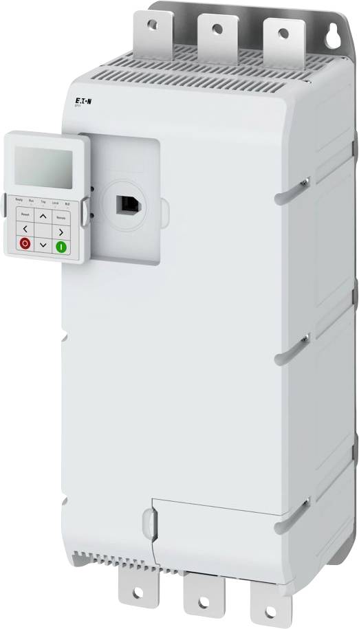 Ein weißes elektronisches Gerät mit einer kleinen Anzeige und Bedienknöpfen, ausgestattet mit Befestigungsbügeln oben und Anschlüssen unten.