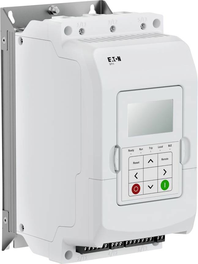 Ein weißes elektronisches Eaton-Gerät, das an einem Metallhalter montiert ist und eine digitale Anzeige, Bedienknöpfe und Anschlussports am unteren Rand aufweist.