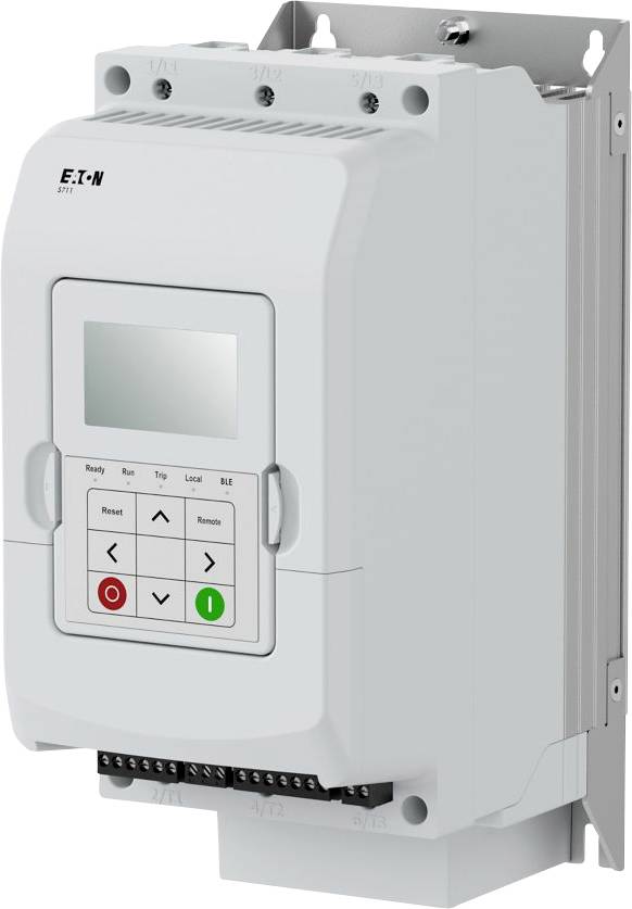 Ein weißes Eaton-Elektrosteuerungspanel mit digitaler Anzeige und Bedienungstasten, verwendet für industrielle Automatisierung und Motorsteuerungssysteme.