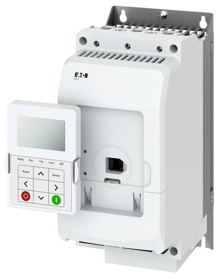 Ein weißes elektronisches Gerät von Eaton mit Display und Steuerungstasten, einschließlich Start- und Stopptaste, das zur Überwachung oder Steuerung von Systemen verwendet wird.