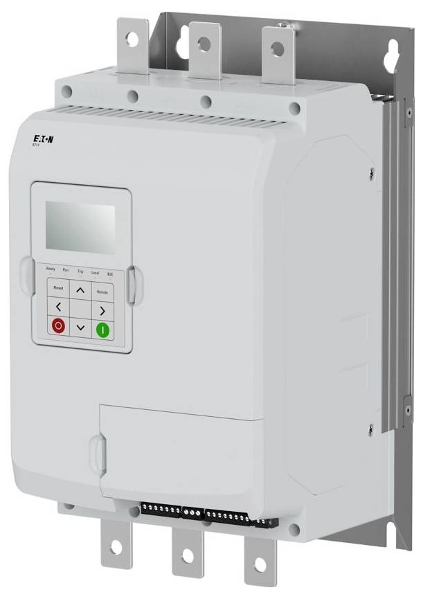 Ein grauer elektronischer Apparat, der an einer Metallhalterung montiert ist, mit einem digitalen Bildschirm und Steuerungstasten, der möglicherweise zur Steuerung von elektrischen Systemen dient.