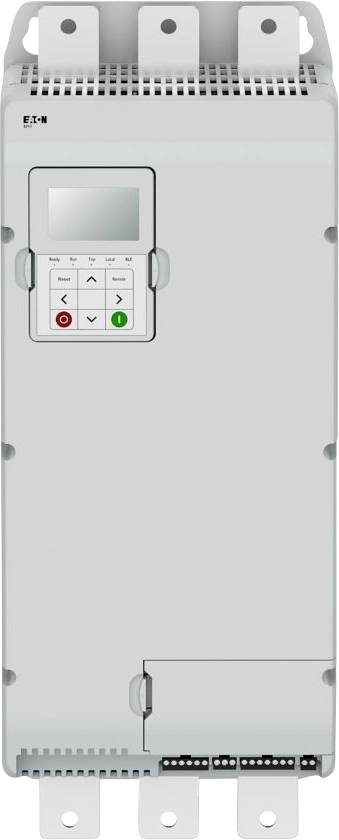 Ein grauer elektronischer Steuergerät mit einer digitalen Anzeige, Bedienungstasten und drei Metallverbindungspunkten oben.