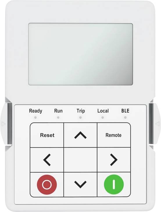 Ein Bedienfeld mit einem kleinen Bildschirm und Tasten mit den Beschriftungen 'Reset', 'Fernbedienung' sowie Pfeiltasten und roten und grünen kreisförmigen Tasten.