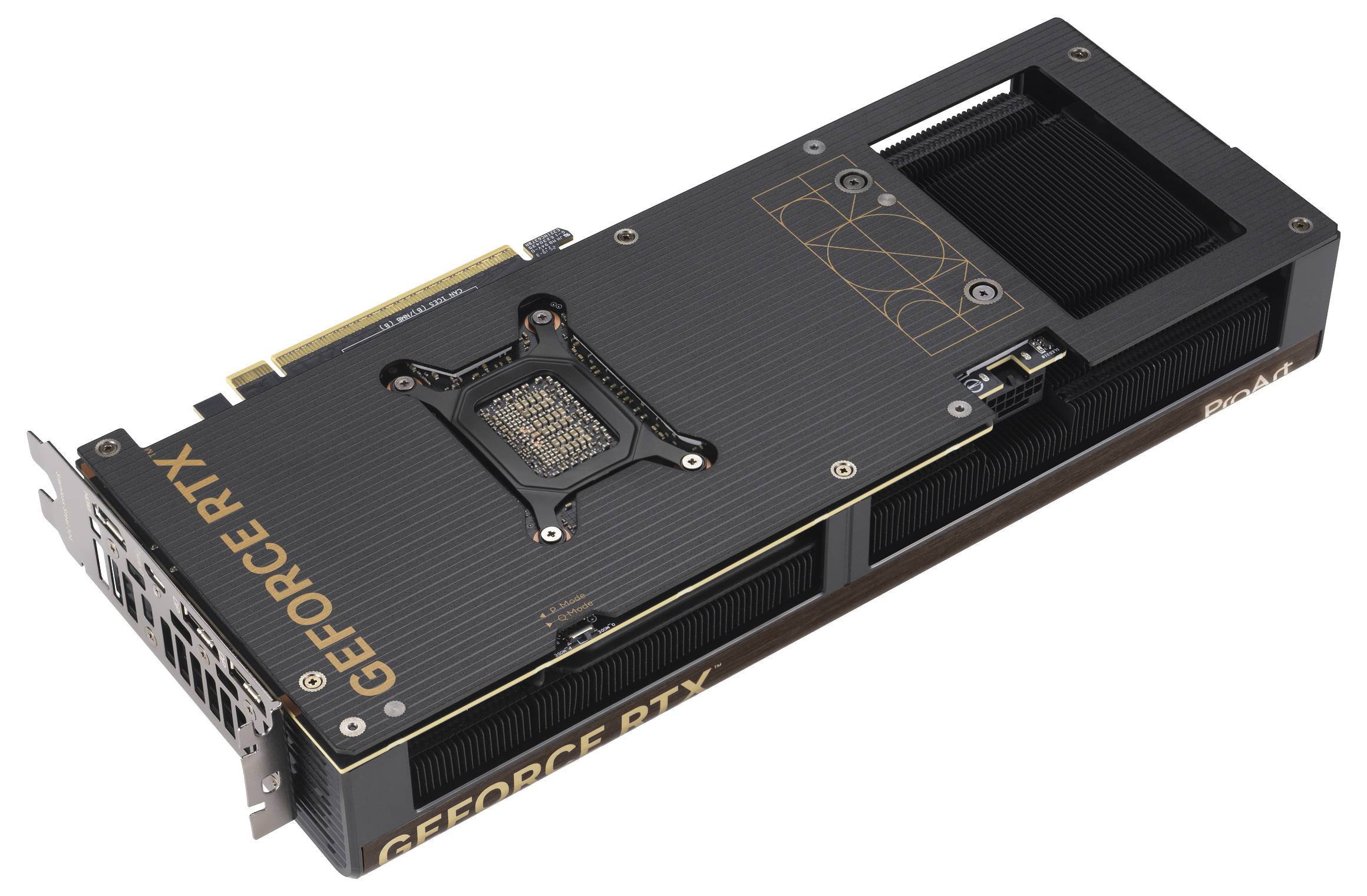 Eine schwarze 'GeForce RTX' Grafikkarte mit ASUS-Branding, ausgestattet mit drei Kühlventilatoren und mehreren Anschlüssen am seitlichen Panel.