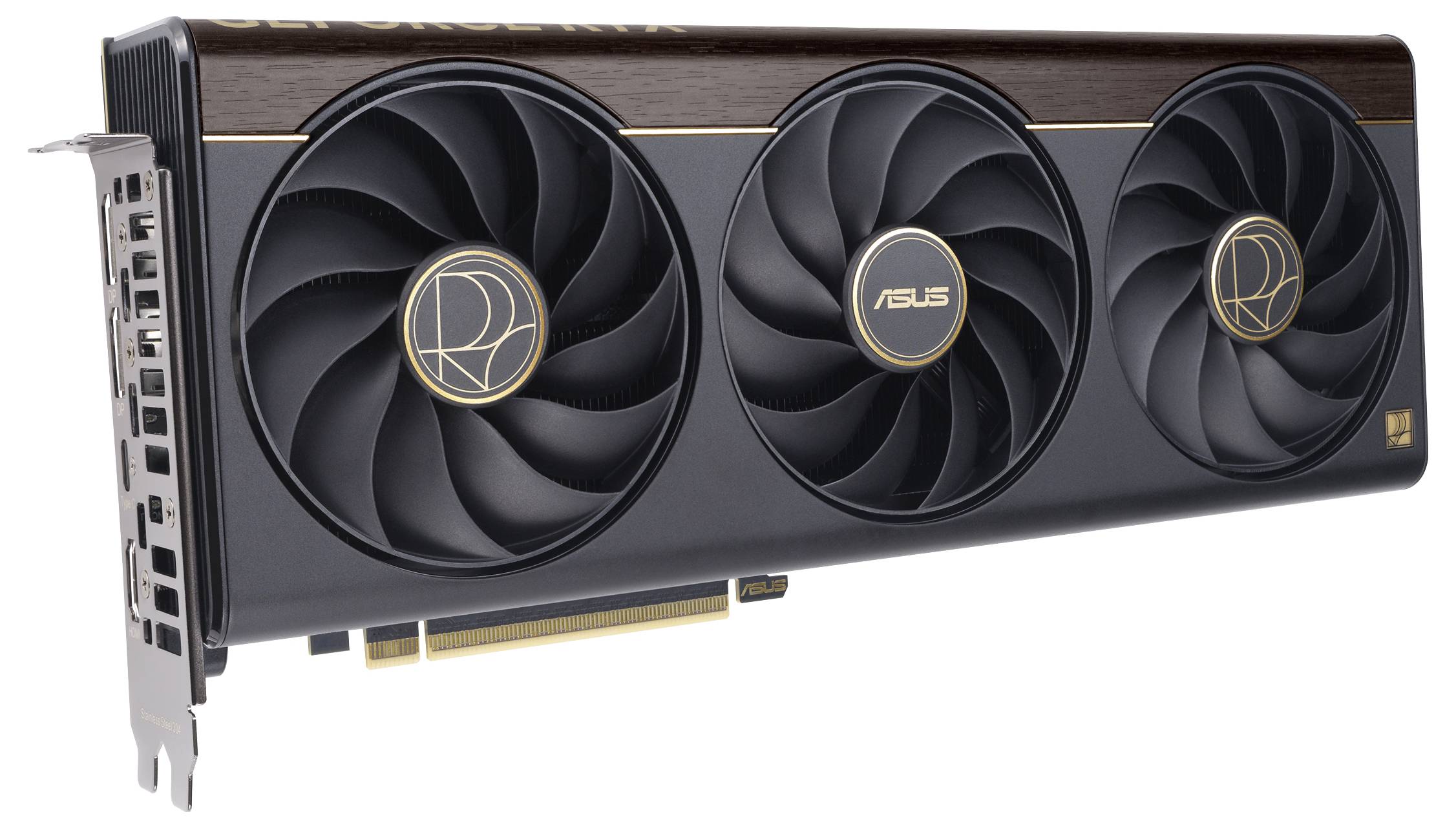Eine schwarze und goldene ASUS-Grafikkarte mit drei großen Kühlventilatoren, entwickelt für High-Performance-Gaming und Computeranwendungen.