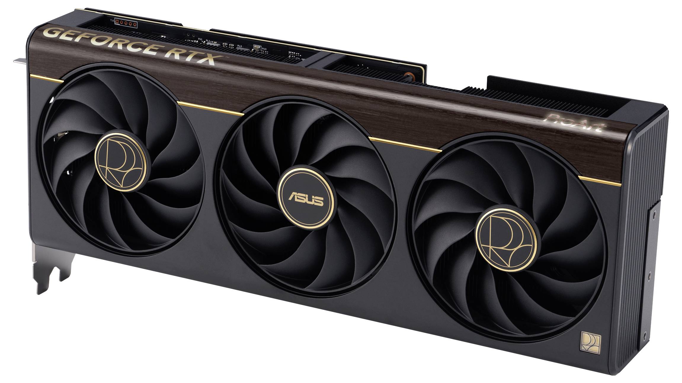 Eine Grafikkarte mit drei großen Kühlventilatoren und 'GEFORCE RTX' am oberen Rand. Das ASUS-Logo ist auf der Mitte des Lüfternabens sichtbar.