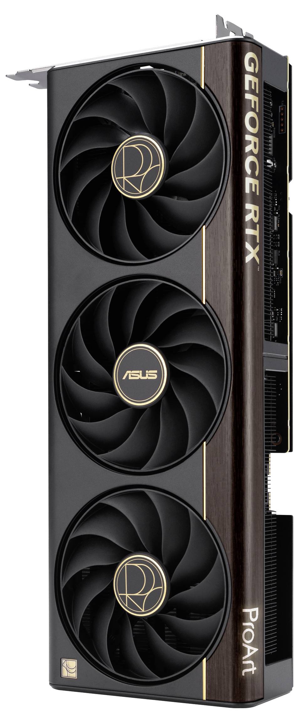 Eine schwarze ASUS GeForce RTX Grafikkarte mit drei großen Kühlventilatoren und bronzefarbenen Akzenten, seitlich mit der Aufschrift 'ProArt' versehen.