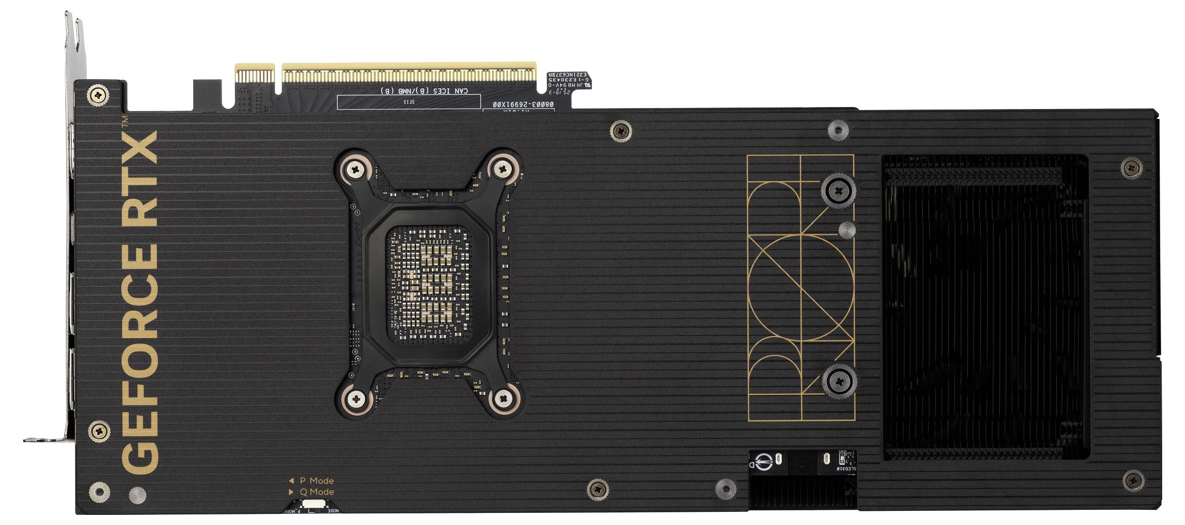 GeForce-RTX-Grafikkarte mit Rückseite, auf der Markenzeichen und Schaltkreisdetails zu sehen sind, entwickelt für High-Performance-Computing und Gaming.