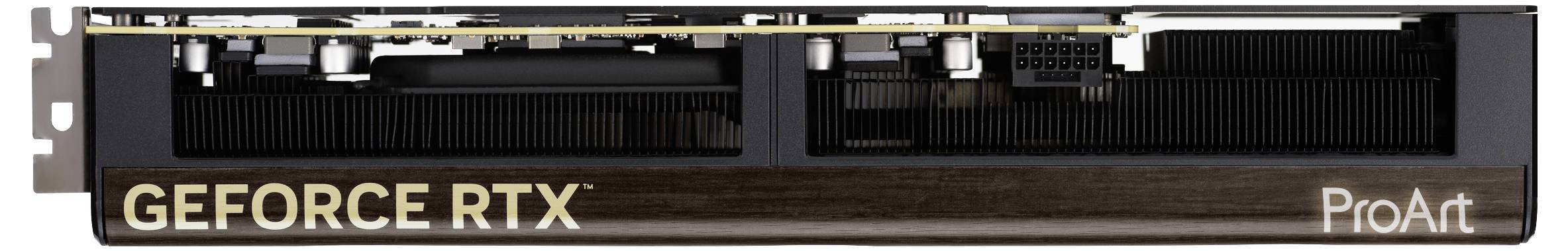 NVIDIA GeForce RTX ProArt Grafikkarte, Nahaufnahme von der Seite mit Markenbeschriftung und Designdetails.