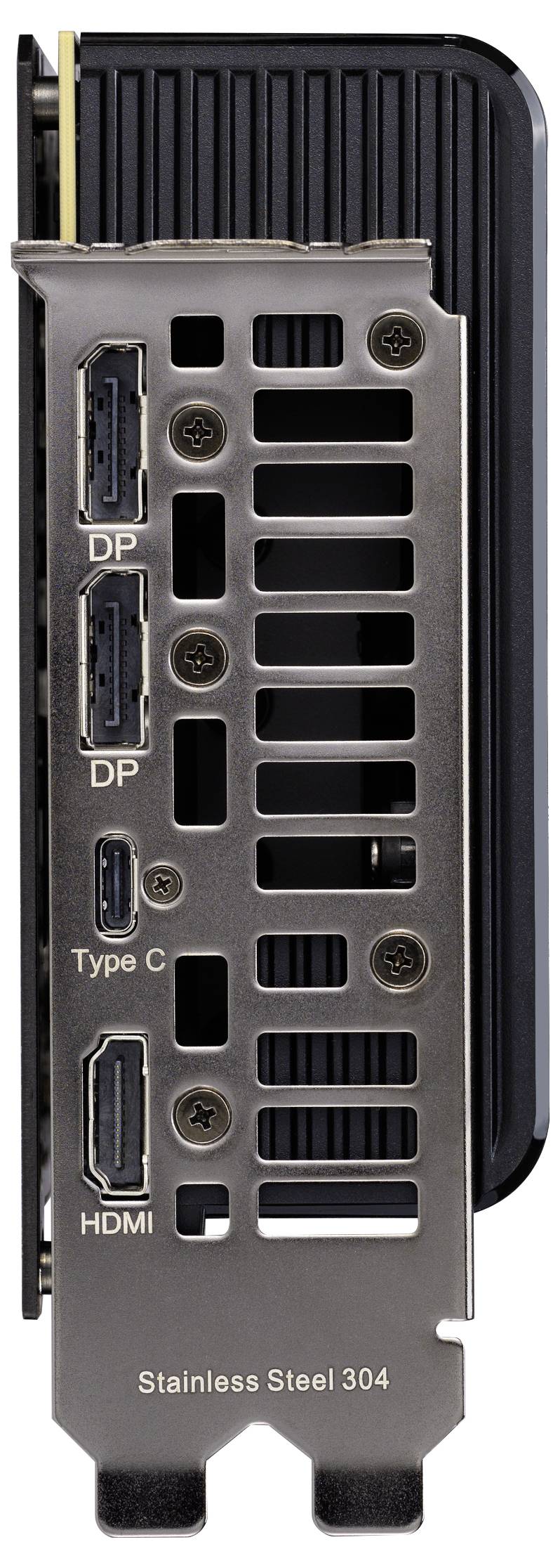 Rückseite einer Grafikkarte mit Anschlüssen: zwei DisplayPorts, ein Type-C-Anschluss und ein HDMI-Anschluss, mit der Beschriftung 