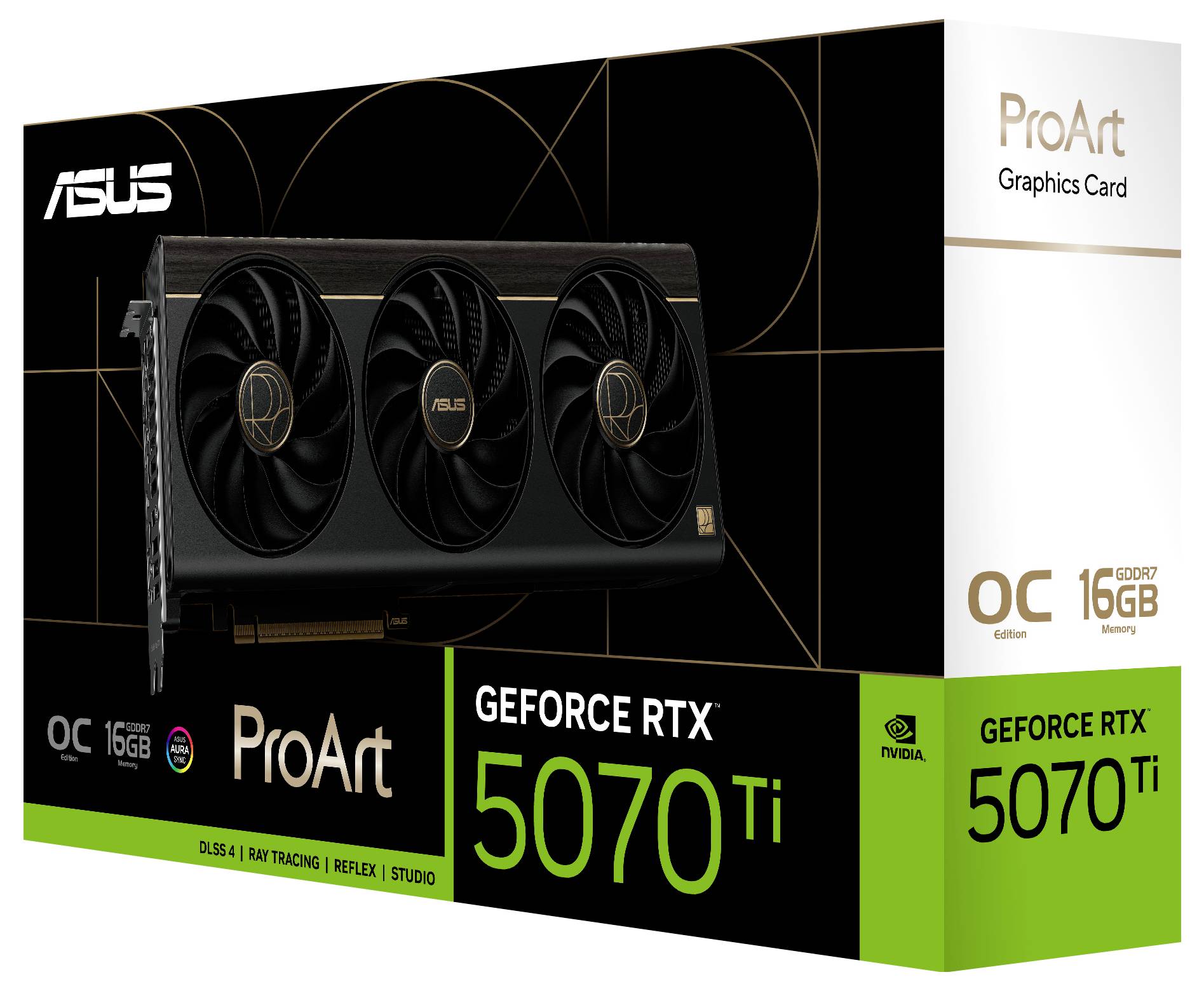 ASUS ProArt GeForce RTX 5070 Ti Grafikkarte Verpackung mit hervorgehobenen Elementen 'OC Edition' und '16GB', die die kreative Leistungsfähigkeit betonen.
