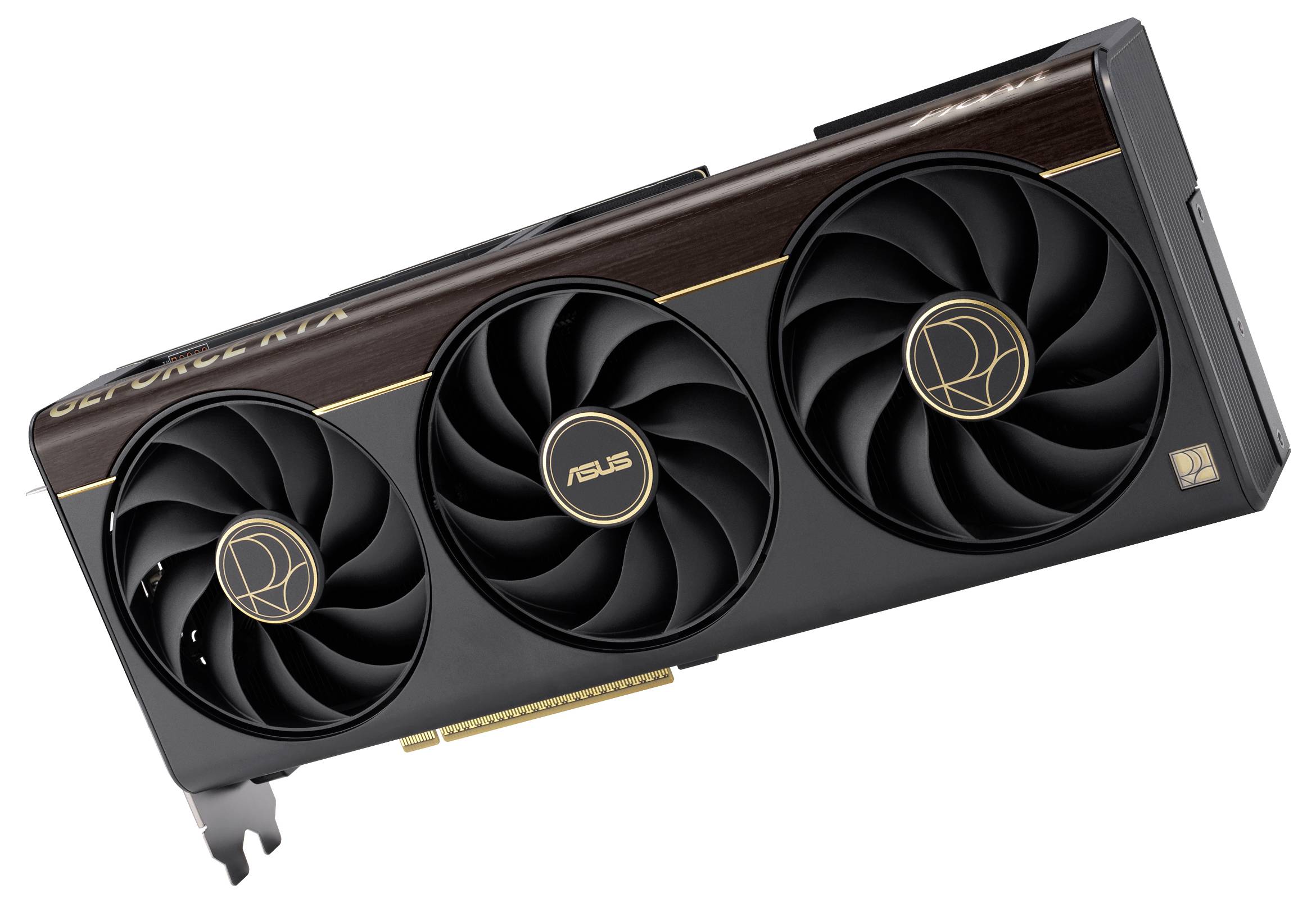 Eine Grafikkarte mit drei großen Lüftern, bei der das ASUS-Logo in der Mitte des mittleren Lüfters zu sehen ist und die ein Braun-Schwarz-Farbschema aufweist.
