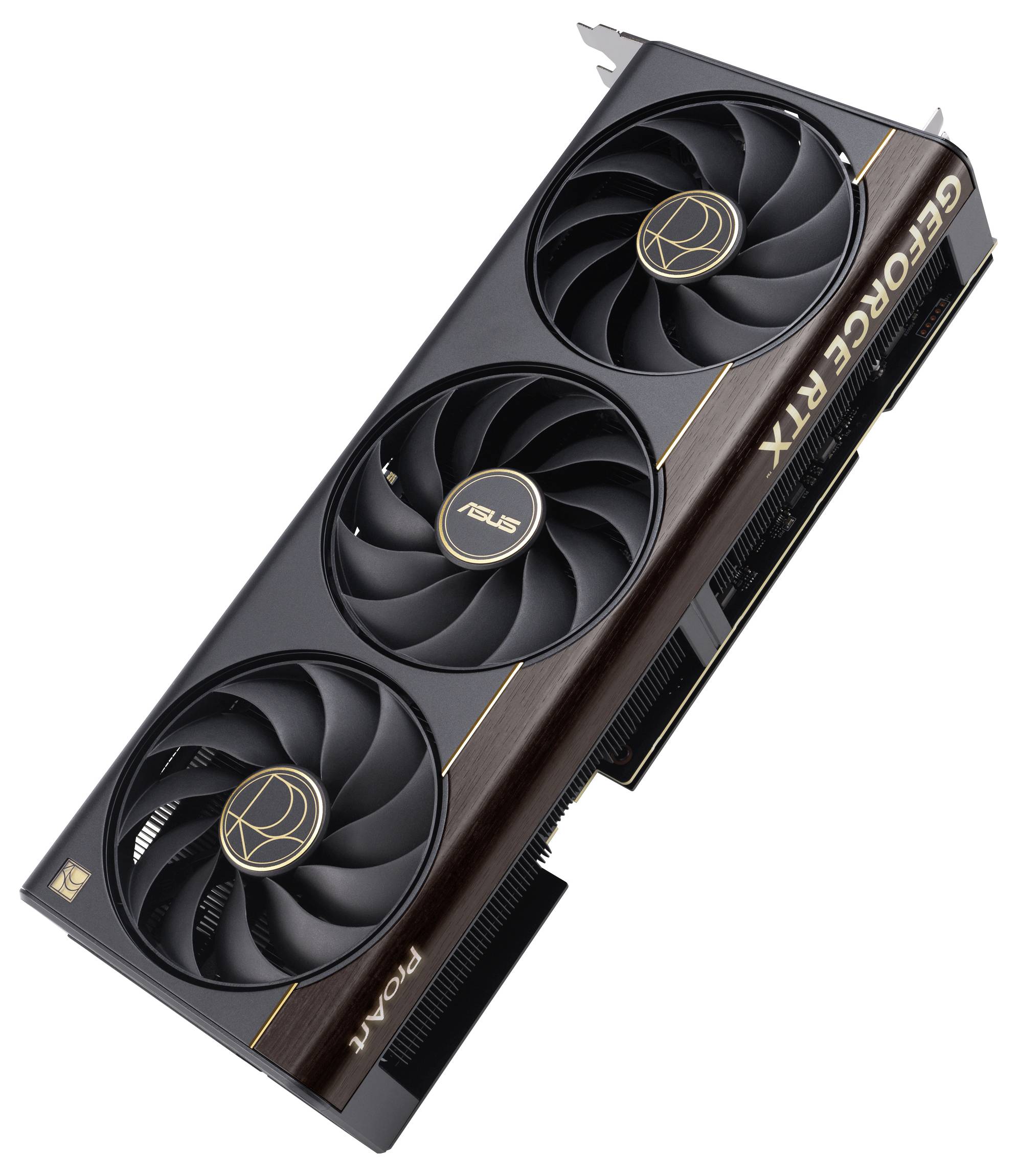 Eine Grafikkarte mit drei Kühlventilatoren, beschriftet mit 'GeForce RTX' und 'ASUS', entwickelt für verbesserte Computergrafikleistung.