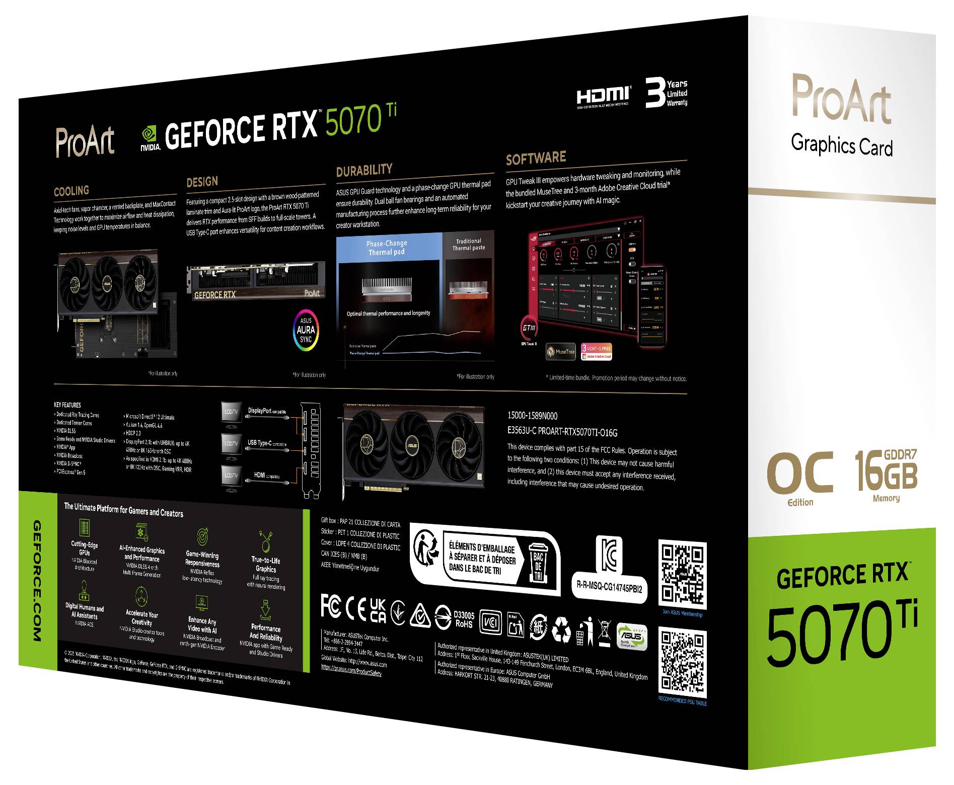 'ProArt GeForce RTX 5070 Ti' Grafikkarte mit Verpackung, die Funktionen in Bezug auf Kühlung, Design, Haltbarkeit, Software und 16 GB Arbeitsspeicher präsentiert.