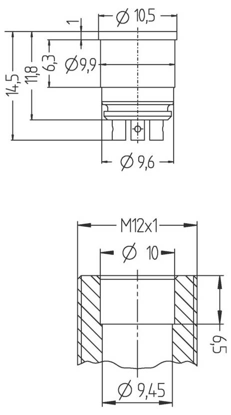 Technische Zeichnung mit Abmessungen einer zylindrischen Komponente mit zwei Ansichten. Enthält Messungen wie Durchmesser 10,5 und M12x1 Gewinde.