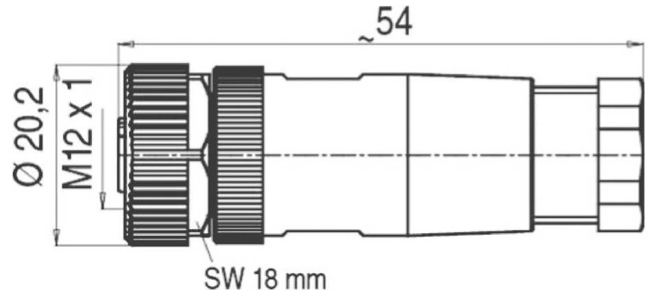 Technische Zeichnung eines Anschlusses mit Abmessungen: Durchmesser 20,2 mm, M12 x 1 Gewinde, Länge ungefähr 54 mm, Schlüsselweite 18 mm.