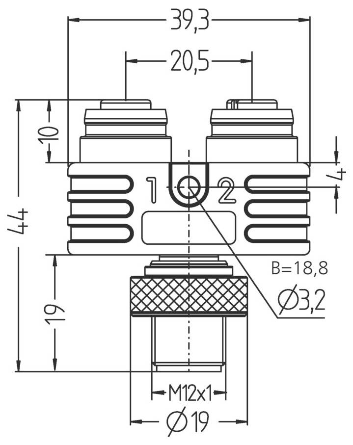 Technische Zeichnung eines T-förmigen Verbindungsstücks. Gesamtbreite: 39,3 mm. Ausgänge: 10 mm Durchmesser, 20,5 mm Abstand voneinander. Eingangsbasis: M12x1.