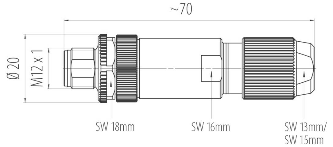 Technische Zeichnung eines zylindrischen Verbinders mit Abmessungen: Länge ungefähr 70 mm, Durchmesser 20 mm. Schlüsseldimensionen angegeben.