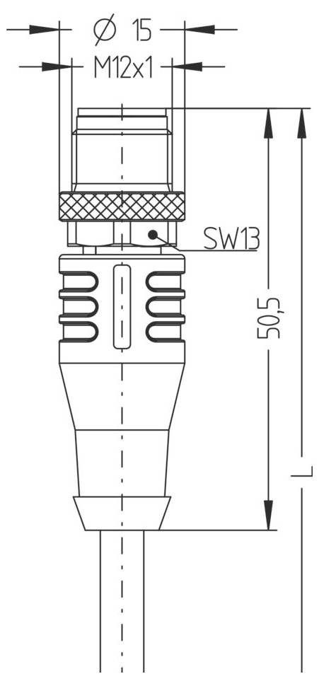 Technische Zeichnung eines M12-Steckverbinders mit dargestellten Abmessungen. Durchmesser 15 mm, Länge 50,5 mm, Gewindegröße M12x1, Schlüsselweite SW13.