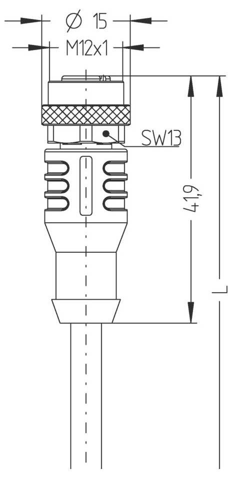 Technische Zeichnung eines Verbinders mit Abmessungen: 15 mm Durchmesser, M12x1 Gewinde, SW13 Markierung und einer Länge von 49 mm.
