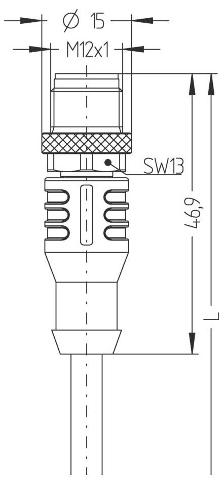 Technische Zeichnung eines Verbinders: Durchmesser 15 mm, Gewinde M12x1, SW13-Markierung, Länge 46,9 mm.