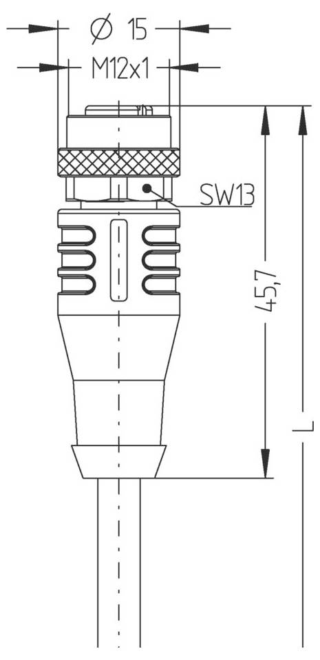 Technische Zeichnung eines M12-Steckers zeigt detaillierte Maße: 15 mm Durchmesser, M12x1 Gewinde. Gesamtlänge beträgt 45,7 mm.
