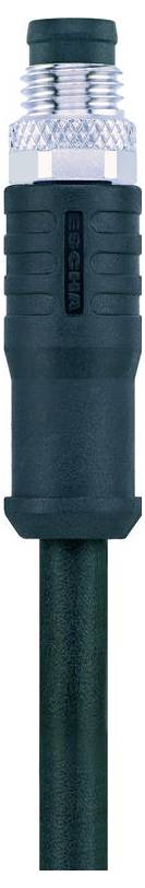 Ein schwarzer und silberner elektrischer Steckverbinder mit einer zylindrischen Form und einer verschraubbaren Metalloberseite, der an ein schwarzes Kabel angeschlossen ist.