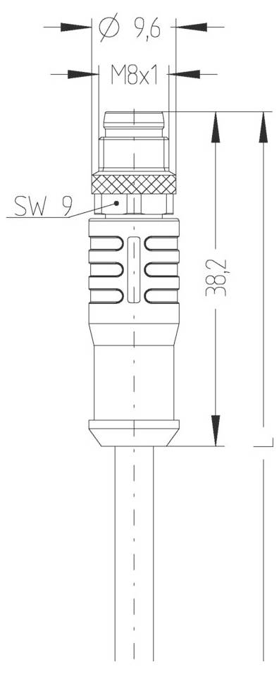 Technische Zeichnung eines Verbinders mit Maßangaben: Durchmesser 9,6 mm, M8x1 Gewinde, Länge 382 mm mit Schlüsselweite 9 mm.