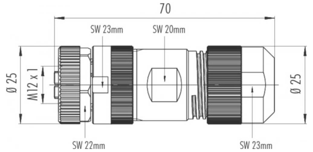 Technische Zeichnung eines Verbindungsstücks mit Abmessungen: Länge 70 mm, Durchmesser 25 mm und verschiedenen Sechskantgrößen: SW 23 mm, SW 20 mm, SW 22 mm.