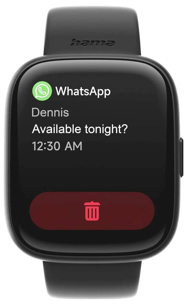 Smartwatch-Benachrichtigung mit WhatsApp-Nachricht: 'Dennis: Heute Abend verfügbar?' empfangen um 00:30 Uhr mit Löschoption.