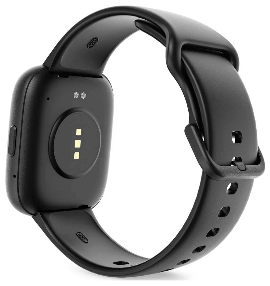 Eine schwarze Smartwatch mit einem rechteckigen Display und Herzfrequenzsensor auf der Rückseite, die ein schlankes Design mit einem verstellbaren Armband präsentiert.